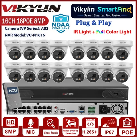 Vikylin Smartfind 16CH 16POE NVR 8MP Full Color+IR Light IP Camera POE Audio Lot