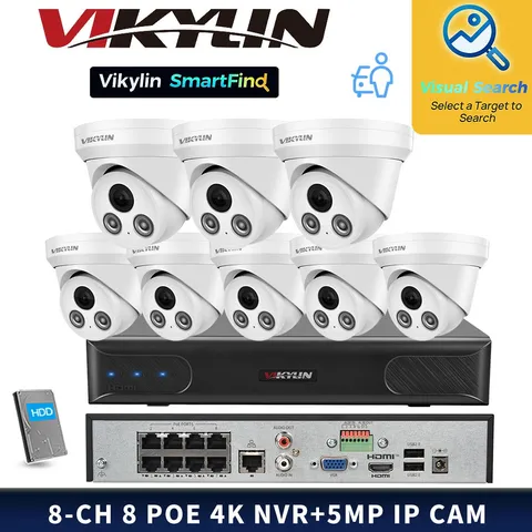 VIKYLIN SmartFind 8POE 8CH NVR Set Motion Detection 5MP Camera Night Vision Lot