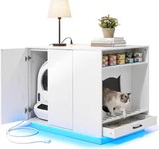 Modern Cat Litter Box Furniture with LED Light & Power Outlets, White