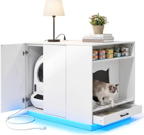 Modern Cat Litter Box Furniture with LED Light & Power Outlets, White