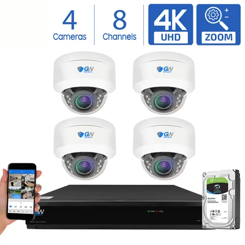 GW 8 Channel DVR (4) 8MP CCTV Motorized Zoom 4K Dome Home Security Camera System