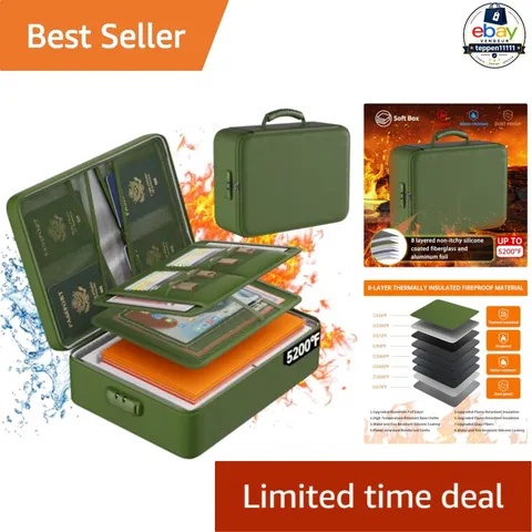 Fireproof Document Organizer Box 5200°F Soft Green with Lock Storage Bag