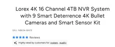 Lorex 4K 16 Channel 4TB NVR System, 9x4K Bullet Cameras, Smart Sensor Kit