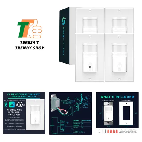 4 Pack Indoor Motion Sensor Light Switches | 180° Detection & Manual/Auto Modes