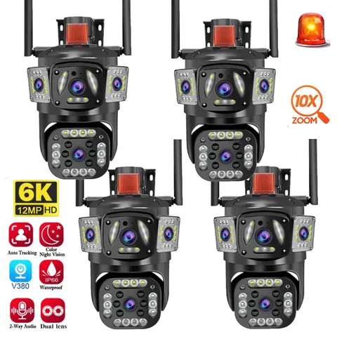  4PCS 6K WIFI IP Outdoor Cameras Three Lens Three Screen Camera PTZ CCTV 8X Zoom