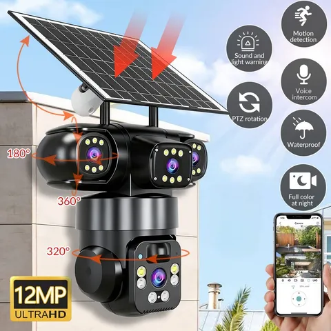 Outdoor Wireless Solar Security Camera 360° PTZ 4K 12MP 3-Lens Cam Night Vision