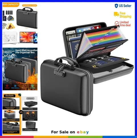 Fireproof File Organizer with Lock 15.5 Inch Hard Shell Document Box Water