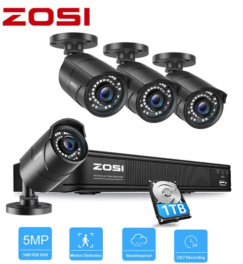 ZOSI 5MP H.265+ 8CH PoE NVR Recorder Bullet IP Outdoor Camera system 1TB HDD 