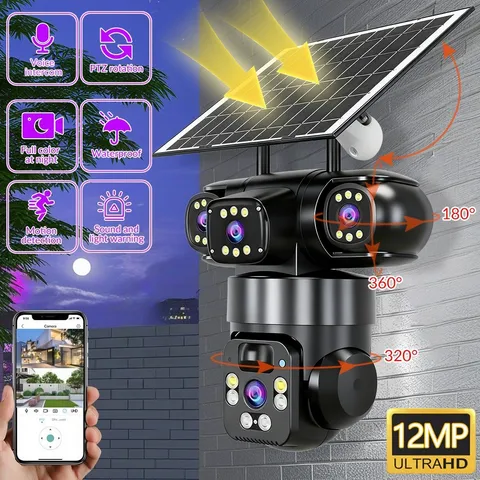 Camara de Seguridad Solar WiFi Exterior 3 Lentes PTZ 12MP Vision Nocturna Color