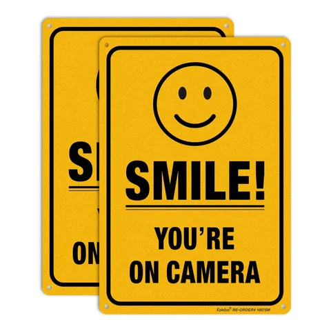 (2 Pack) Smile You're On Camera Video Surveillance Sign - 10 x7 Inches .040 R...