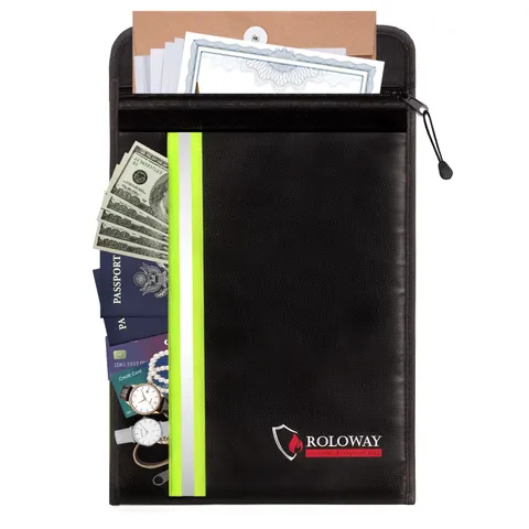 ROLOWAY Fireproof Document Bag 15 x 11 inch Black 2 Pockets Waterproof Zipper