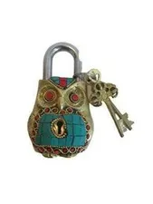 Handmade Working Functional Owl Shape Brass Padlock with Keys With Color Stone