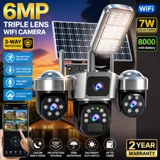 Camara De Seguridad Solar HD 6MP WiFi Exterior Luz Calle 3-Lente PTZ Inalambrica