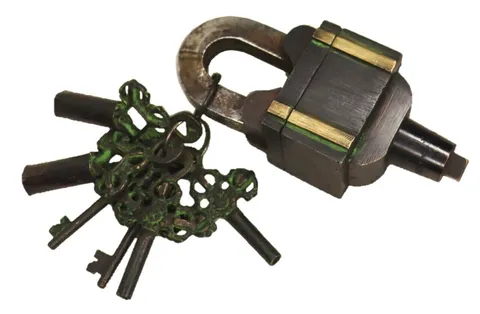 Antique Style Square Padlock Handmade Brass Puzzle Trick Lock With 6 Working Key