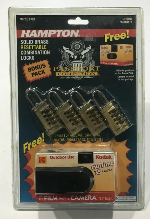 1995 Vintage Hampton Solid Brass Resettable Combo Locks (4) Kodak Film Camera 