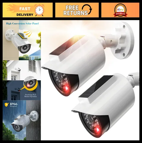 Solar Powered Fake Security Camera - Bullet Shape with Red LED Light, 2 Pack, Ou