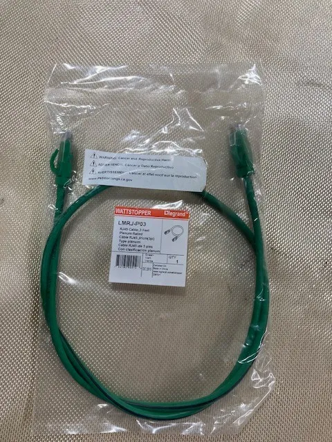 WATT STOPPER LMRJ-P03 RJ-45 ETHERNET CABLE FOR DLM DEVICES, 3', PLENUM RATED