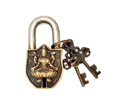 Handmade Vintage Style Rare laxmi Design Functional Brass Padlock With 2 Keys