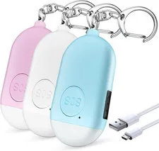 Personal Safety Alarm - 3-Pack - Rechargeable - Strobe LED Flashlight - SOS Emer