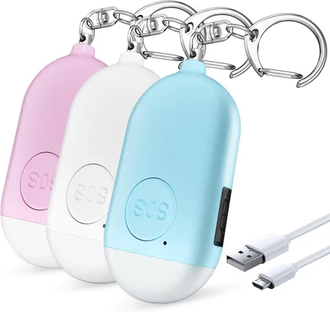 Personal Safety Alarm - 3-Pack - Rechargeable - Strobe LED Flashlight - SOS Emer
