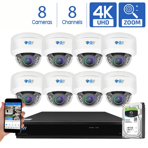 GW 8 Channel DVR (8) 8MP CCTV Motorized Zoom 4K Dome Home Security Camera System