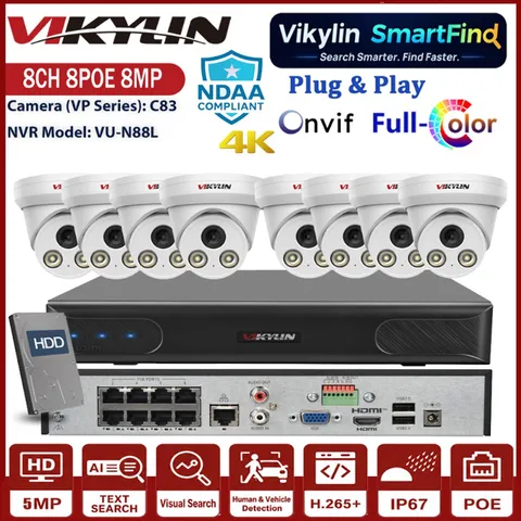 Vikylin SmartFind 4K 8MP 8CH 8POE NVR Full Color PoE Security Camera Systems Lot