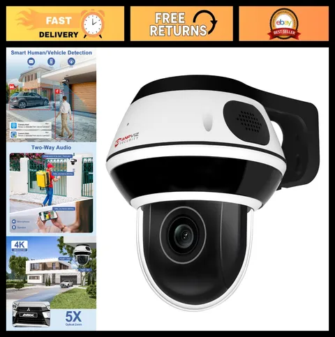 4K PTZ POE IP Camera Outdoor, 5X Zoom, Two-Way Audio, Night Vision, 512GB SD Slo