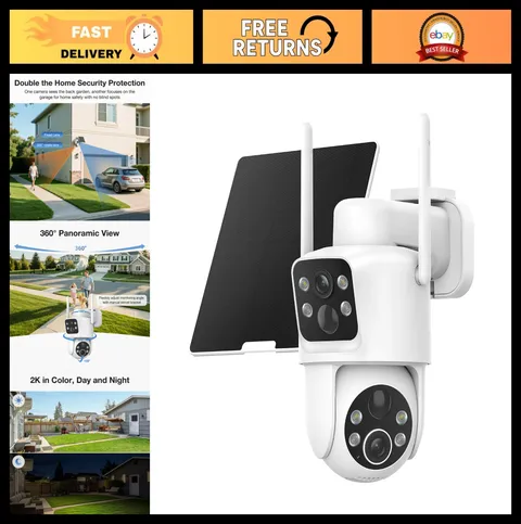 Dual Lens Solar Wireless Security Camera - 2K HD, 360° Pan/Tilt, Color Night Vis