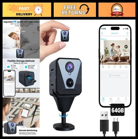 4K Battery Powered Security Camera with 64GB SD Card, AI Human Detection, Night