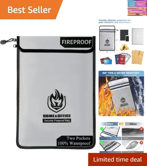 Upgraded Two Pockets Fireproof Document Bag 2000℉, 15”x 11”Waterproof Firepro...