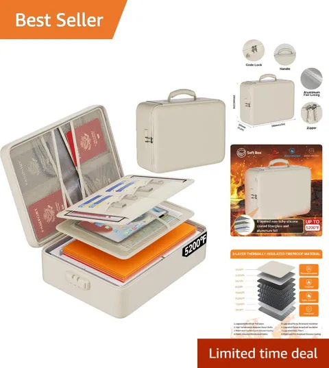 5200°F Fireproof & Water-Resistant Document Organizer Box with Lock - Beige Soft