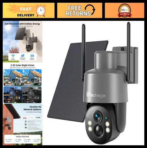 4G LTE Solar Security Camera - Wireless Outdoor, 2.5K Color Night Vision, 360° P