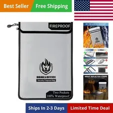 Upgraded Two Pockets Fireproof Document Bag 2000℉, 15”x 11”Waterproof Firepro...