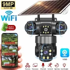Outdoor Solar WiFi Camera 3 Lens PIR Human Detection Security Surveillance LOT