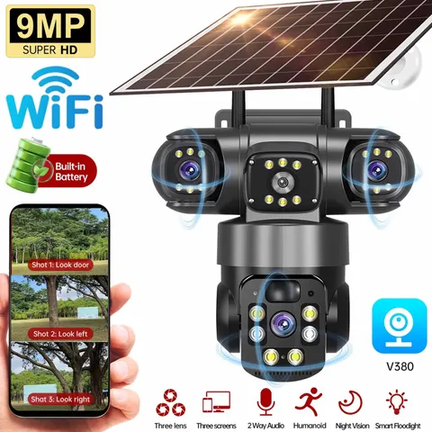 Outdoor Solar WiFi Camera 3 Lens PIR Human Detection Security Surveillance LOT