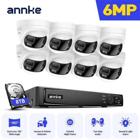ANNKE 8CH 12MP NVR 6MP Dual Lens POE Security Camera System Two Way Audio Color