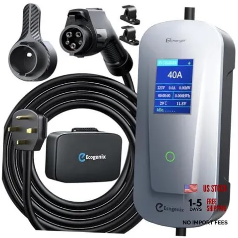 Level 2 EV Charger with Holder/9.6KW 25ft Cable Portable Mobile 40A 1 Sliver
