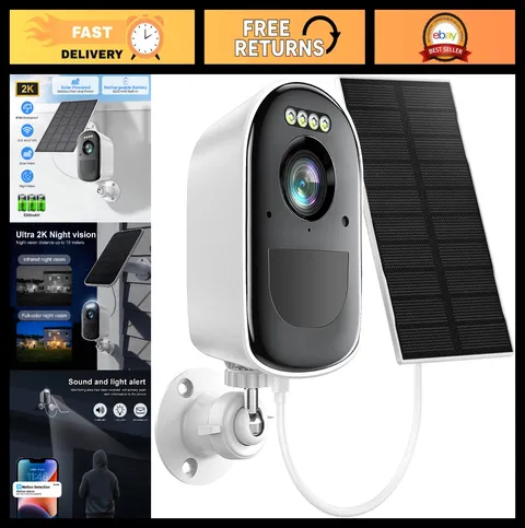 Wireless Solar Security Camera - 2K Outdoor, Color Night Vision, PIR Motion Dete