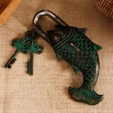 Handmade Vintage Style Rare Fish Design Functional Brass Padlock With 2 Keys
