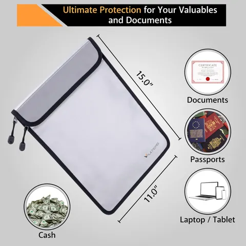 VAULTERS Upgraded Two Pockets Fireproof Document Bag 2000℉, 15”x 11” Fire Pro...
