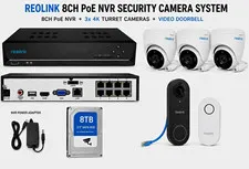 Reolink 8CH PoE NVR 4K System w/ 3 Turret Cameras, Video Doorbell, 8TB