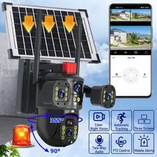 HD WiFi Solar Security Camera Outdoor 2 Lens Night Vision & Audio Home CCTV PTZ