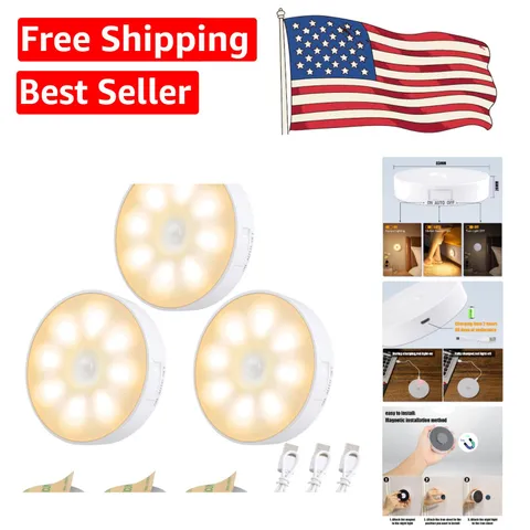 3 Pack Rechargeable Motion Sensor Lights - 8 LEDs, Warm White Glow, Easy Install