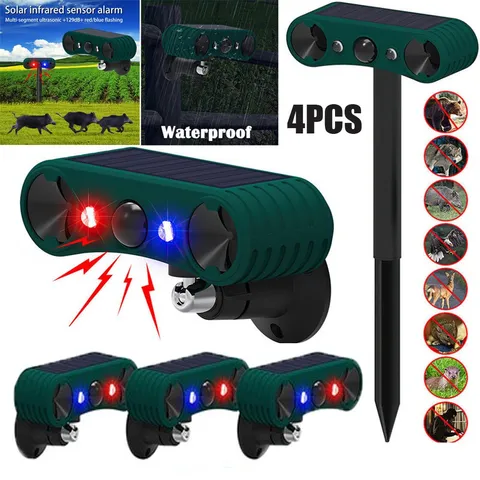 4PCS Solar Outdoor Motion Sensor Alarm 2*130db Ultrasonic Siren 4 Modes Flashing