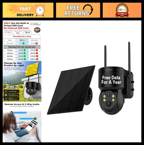 2K Solar Powered 4G LTE Security Camera - No WiFi, PTZ, Two-Way Audio, IP66 Wate