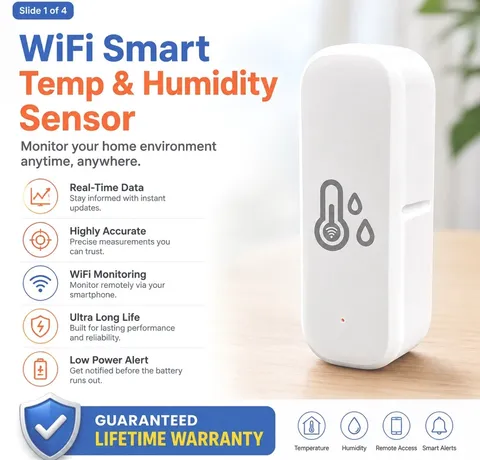 WiFi Indoor Smart Temperature & Humidity Sensor, Remote Monitoring, White