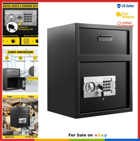 Digital Depository Safe 1.7 cu ft Carbon Steel Electronic Lock Drop Slot 2 Keys