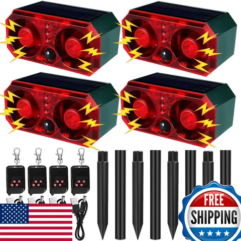Qualirey 4 Pcs Solar Outdoor Motion Sensor Alarm Stake Animal Deterrent Dog