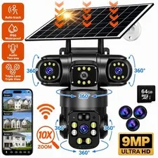 9MP 4K Solar Security Camera 360° PTZ Triple Lens 10X Zoom + 64GBMMC