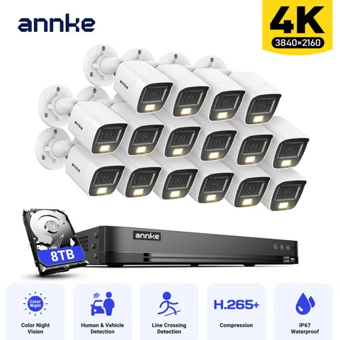 ANNKE 4K Video Security Camera System 16CH DVR H.265+ AI Color Night Vision IP67